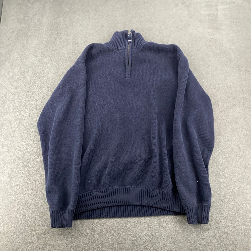 Eddie Bauer Mens Large‎ Navy Blue 100% Cotton Quarter Zip Ribbed Knit Sweater L